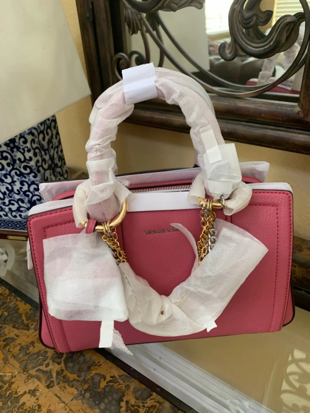 Michael Kors Rose Pink Leather Satchel with Charm Chains - Picture 4 of 8